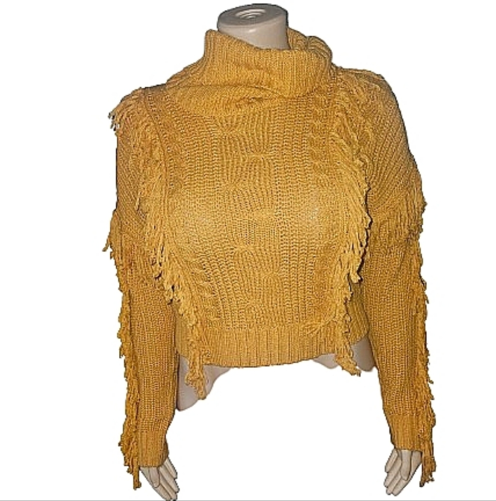 Mustard Cable Knit Turtleneck Sweater with Fringe L